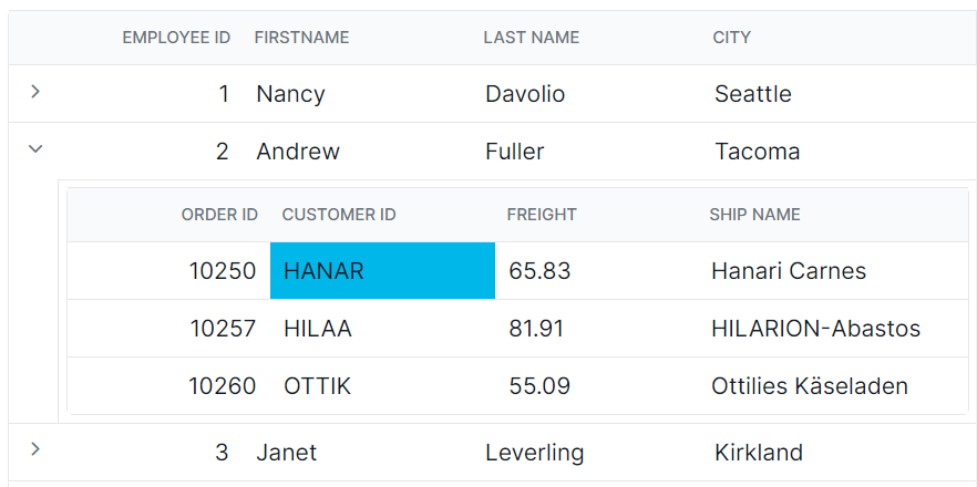 Child Grid cell selection in Angular.