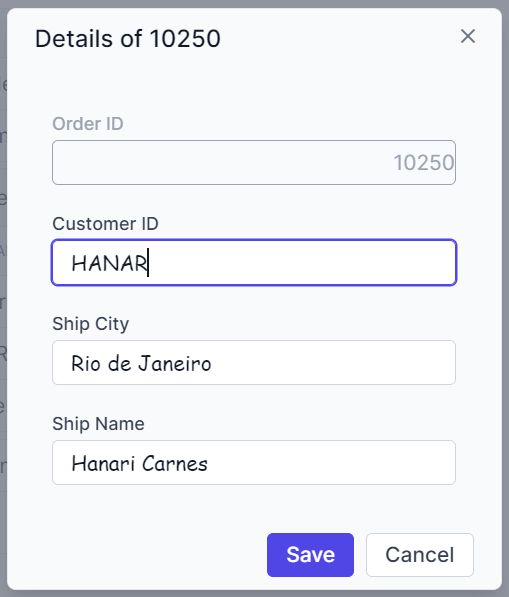 Child Angular Grid edited row input element in dialog.