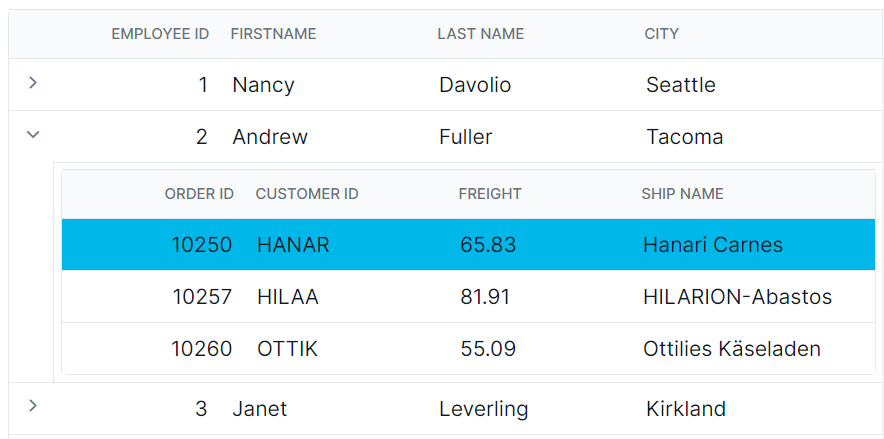 Child Grid row selection in Angular.