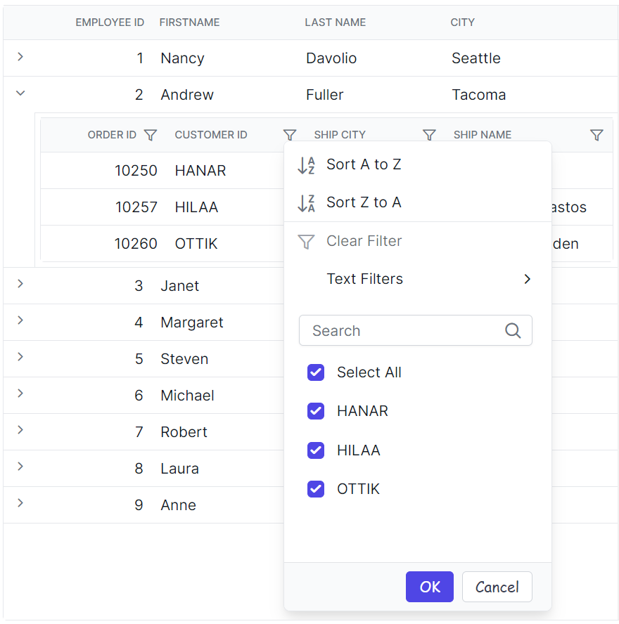 Angular Grid filter dialog button element.