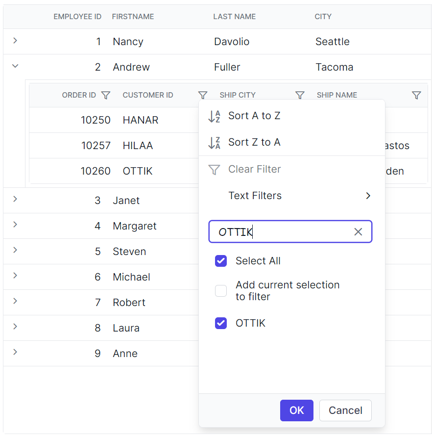 Angular Grid filter dialog input element.