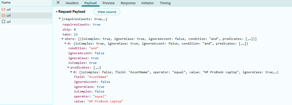 Filtering Operation Payload
