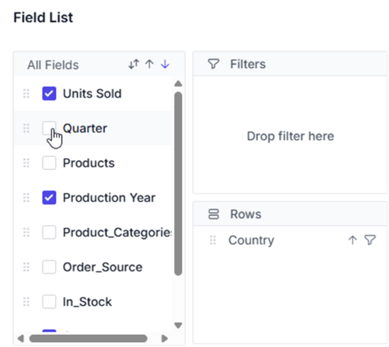 Field List with checkboxes for adding or removing fields