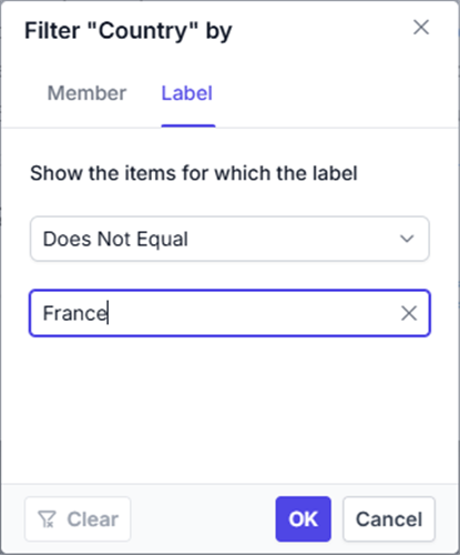 Label filter tab in member editor dialog
