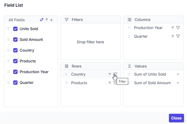Filter icon in field list