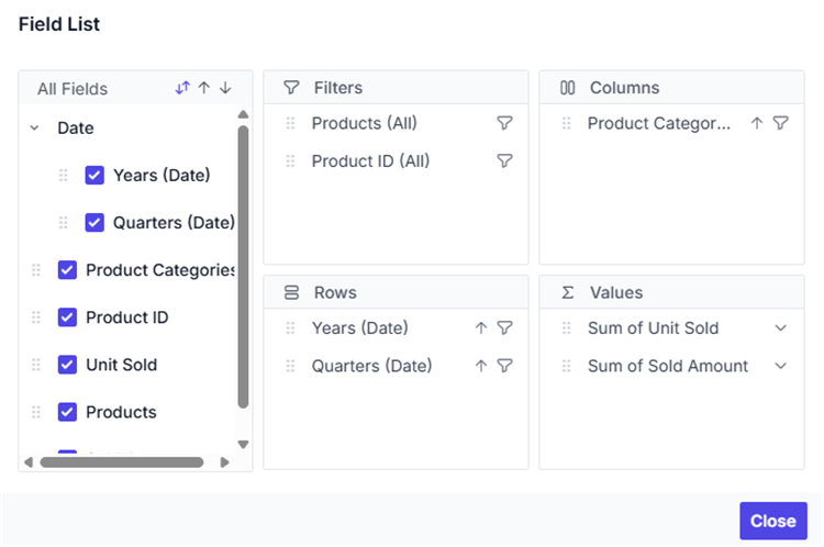 Date fields are grouped and displayed under a folder named Date