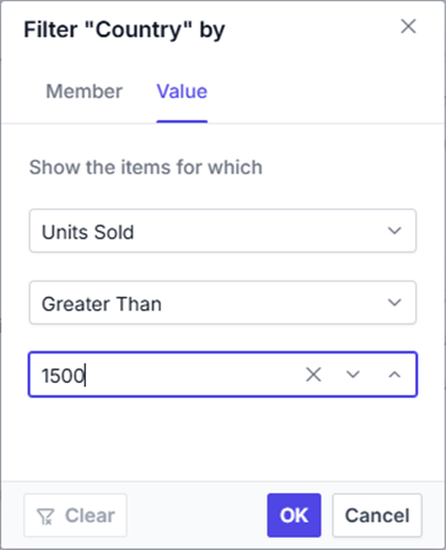 Value filter tab in member editor dialog