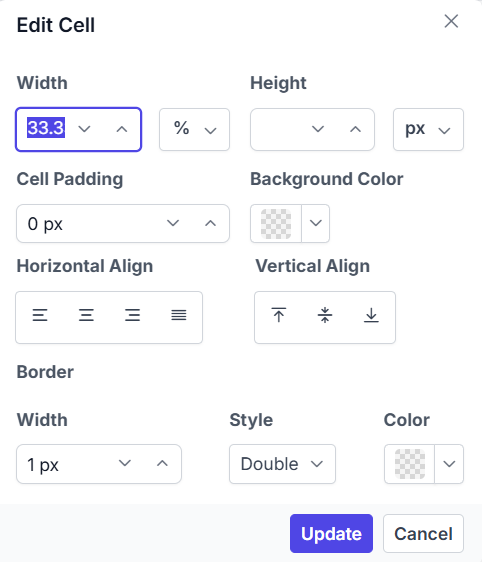 Rich Text Editor table settings