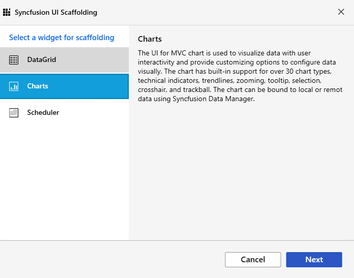 Syncfusion UI scaffolding dialog showing control selection