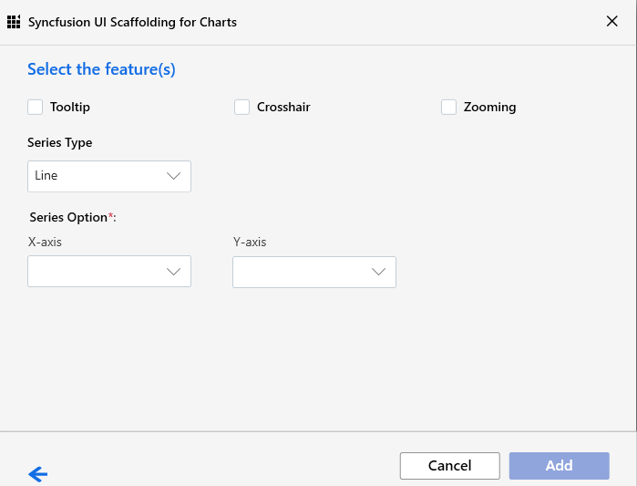 Syncfusion UI scaffolding dialog showing chart features