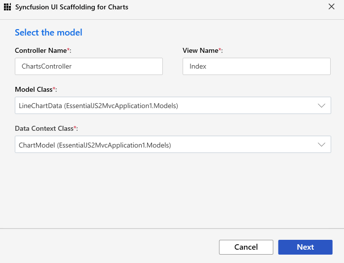 Syncfusion UI scaffolding dialog showing model and data context options