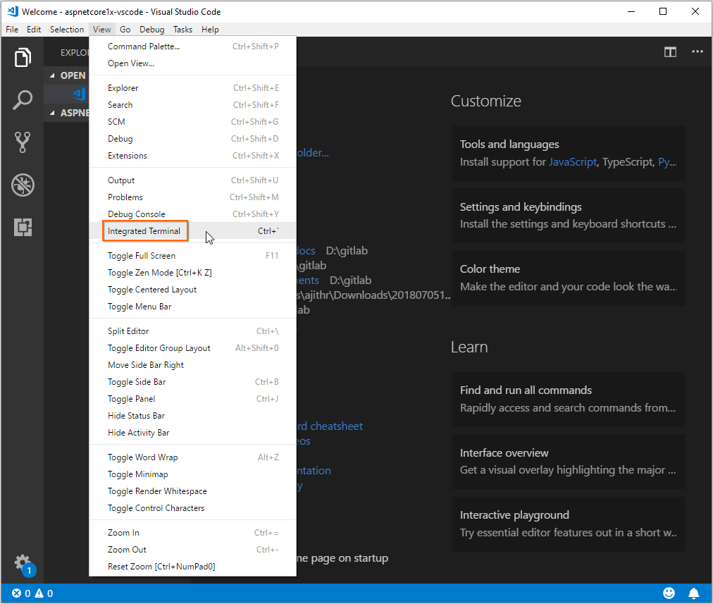 asp.net core vscode integrated terminal