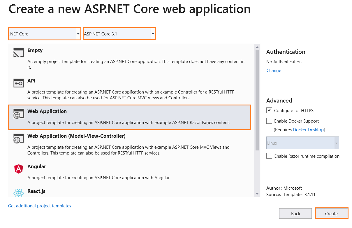 aspnetcore3.x razor web application template