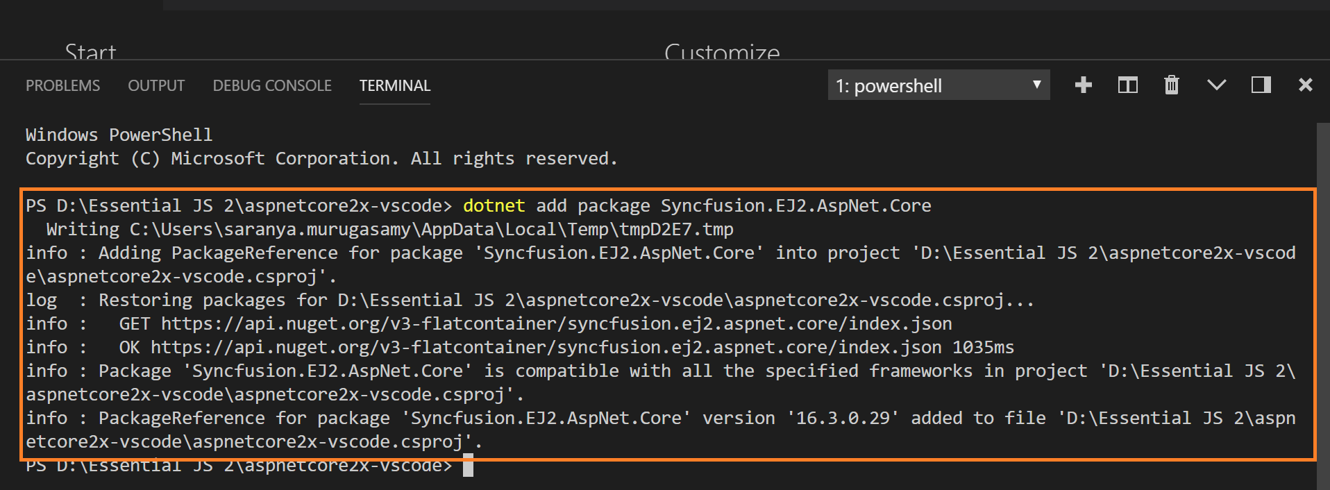 asp.net core vscode adding syncfusion package in the project