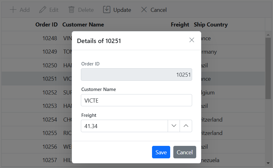 Show or hide columns in dialog editing