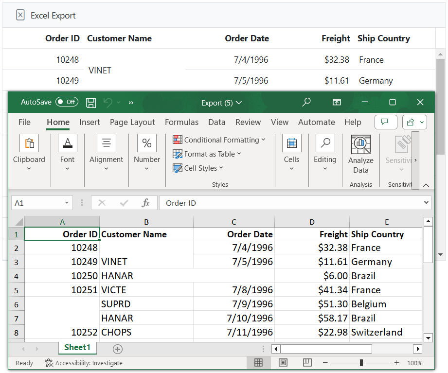 Exporting with cell and row spanning