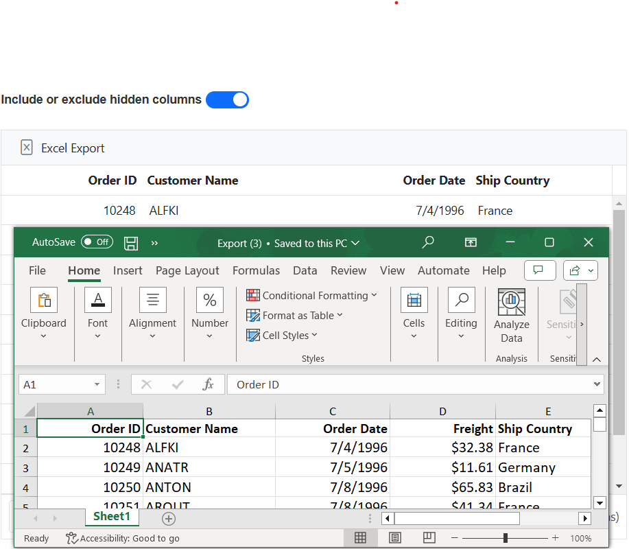 Export with hidden columns
