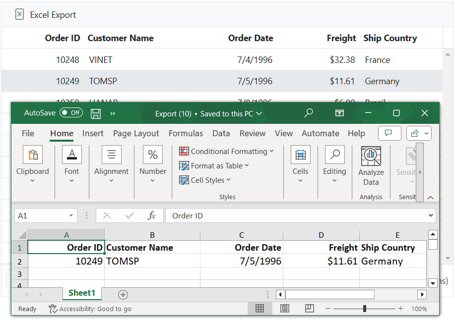 Export the selected records