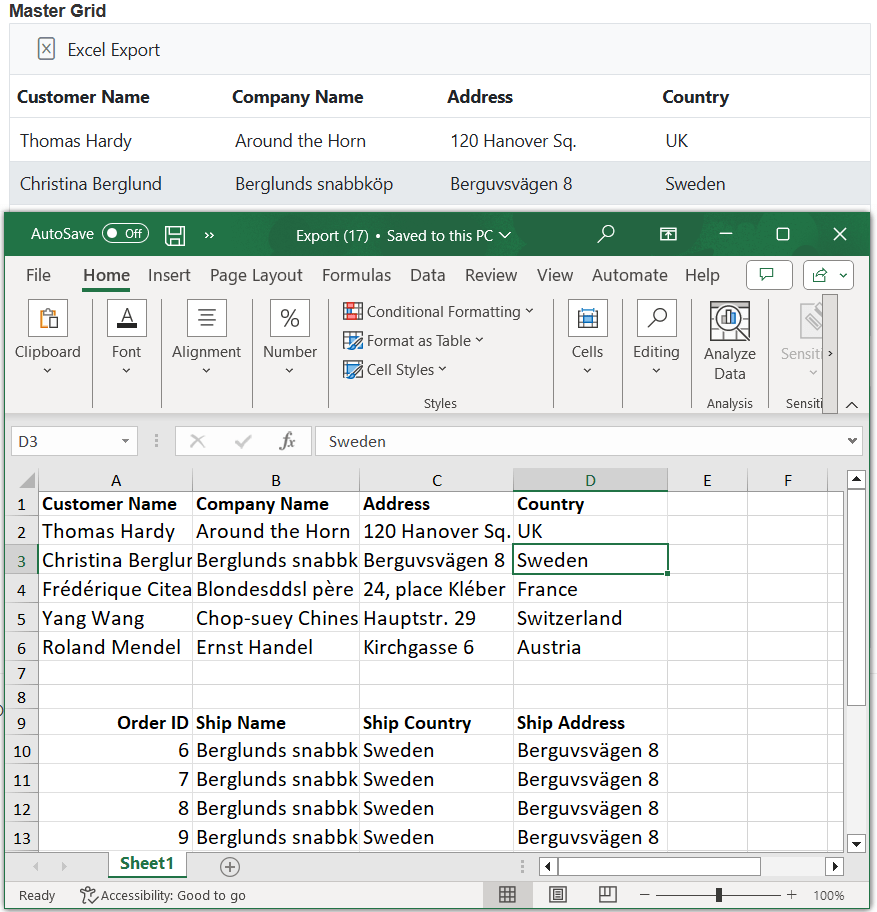 Export the master detail grid