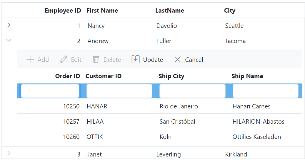 Child Grid customizing the added row element in ASP.NET Core.