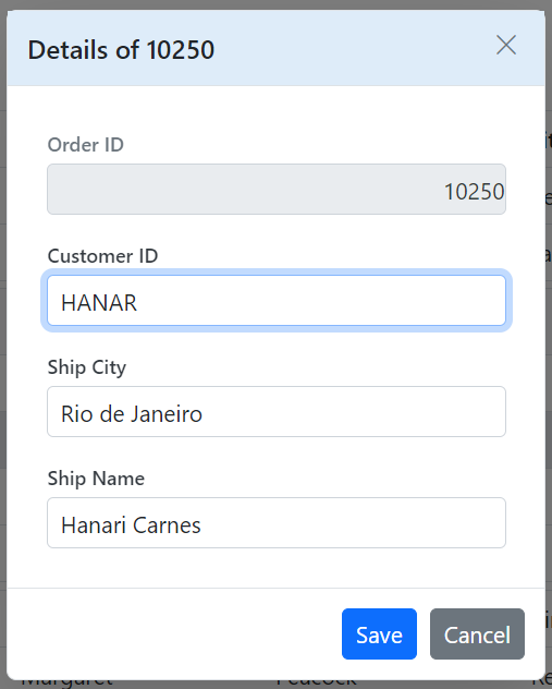 Child Grid customizing the edit dialog header element in ASP.NET Core.