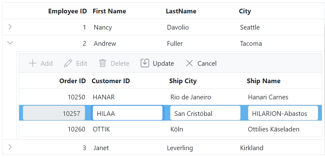 Child Grid customizing the edited row element in ASP.NET Core.