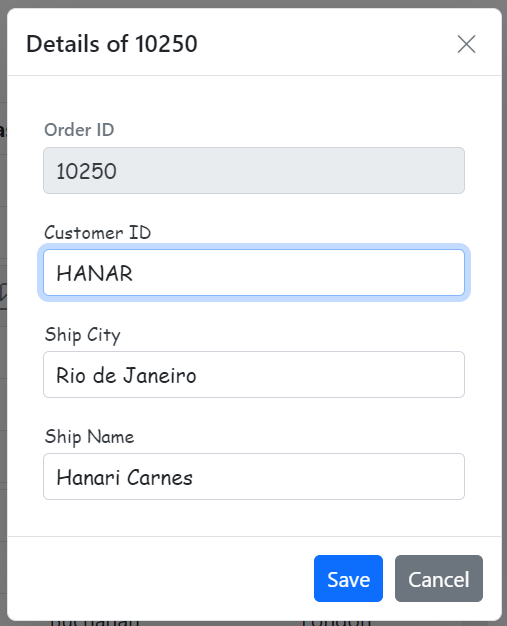 Child ASP.NET Core Grid edited row input element in dialog.