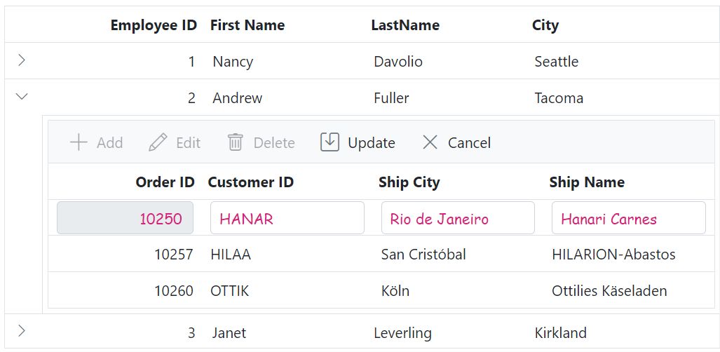 Child Grid customizing the edited row input element in ASP.NET Core.