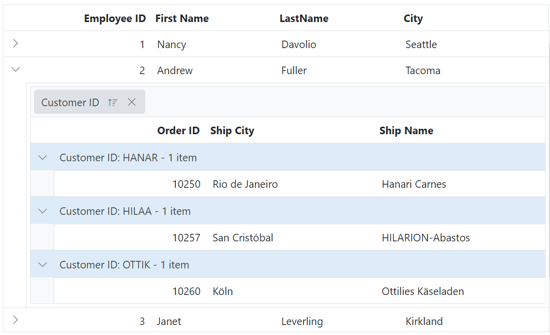 Child Grid group caption row in ASP.NET Core.