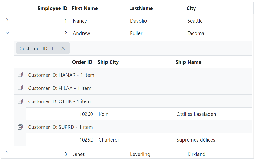 Child Grid group expand or collapse icons in ASP.NET Core.