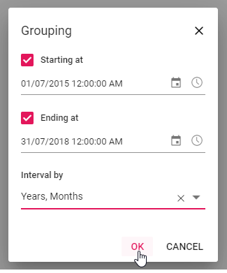 Grouping settings options applied for date grouping
