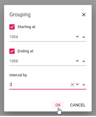 Grouping settings options applied for number grouping