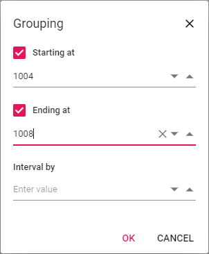 Range options applied for number grouping