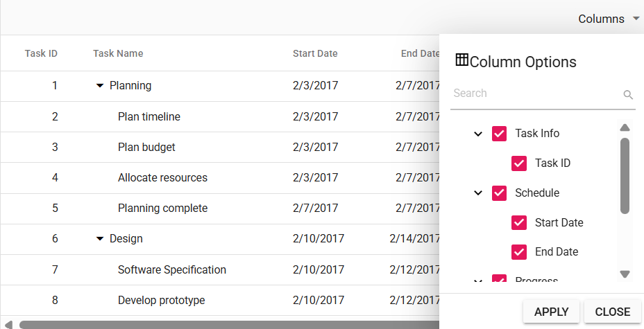 Column Chooser Template TreeGrid