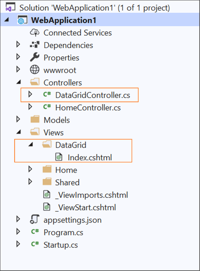 Required Controller and View files added in the project for the selected control