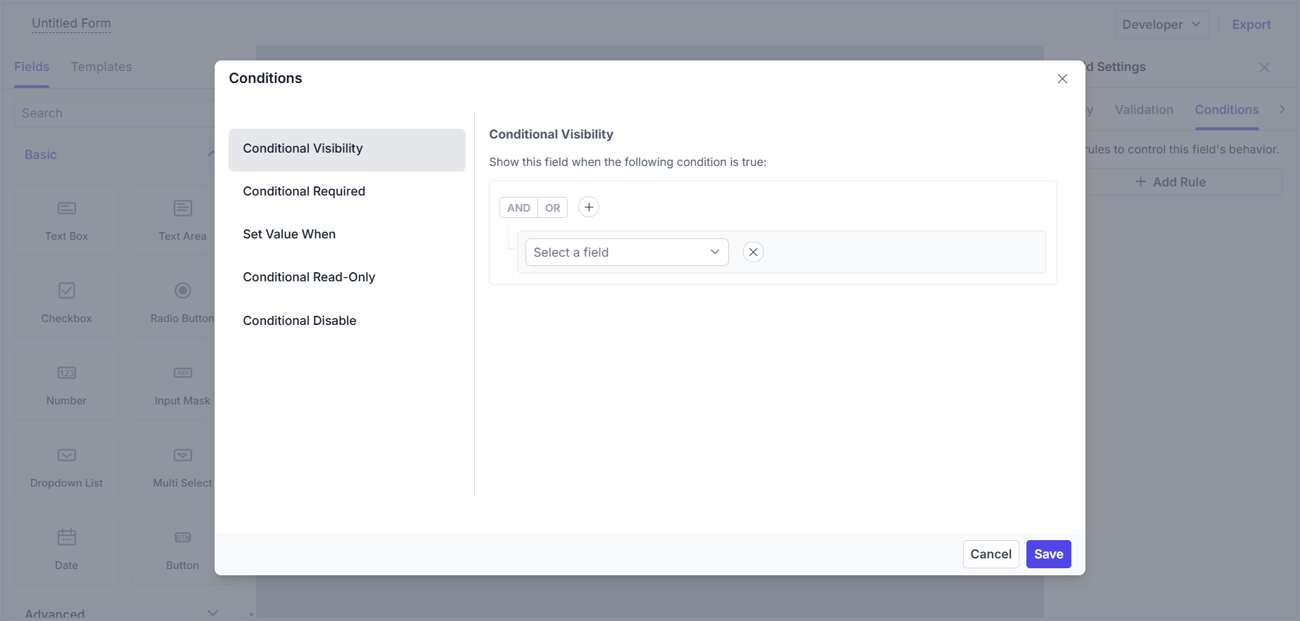 Conditions Editor in Form Builder