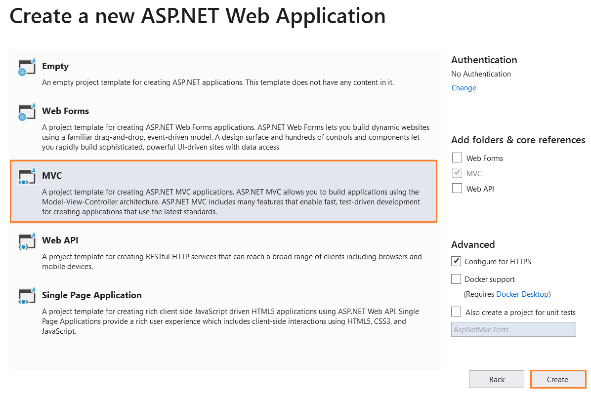 aspnetmvc5 web application template 2019