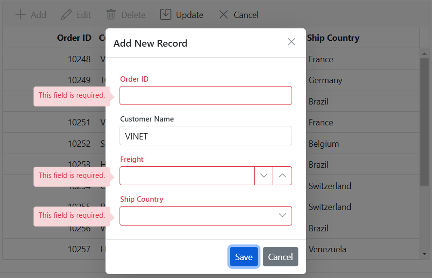 Change the position of validation error message