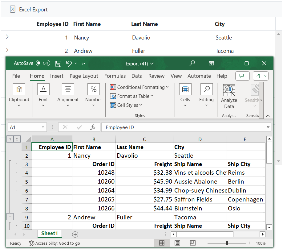 Exporting hierarchy grid