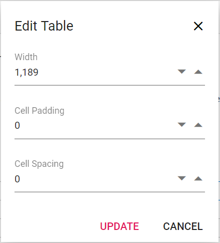 Rich Text Editor table settings