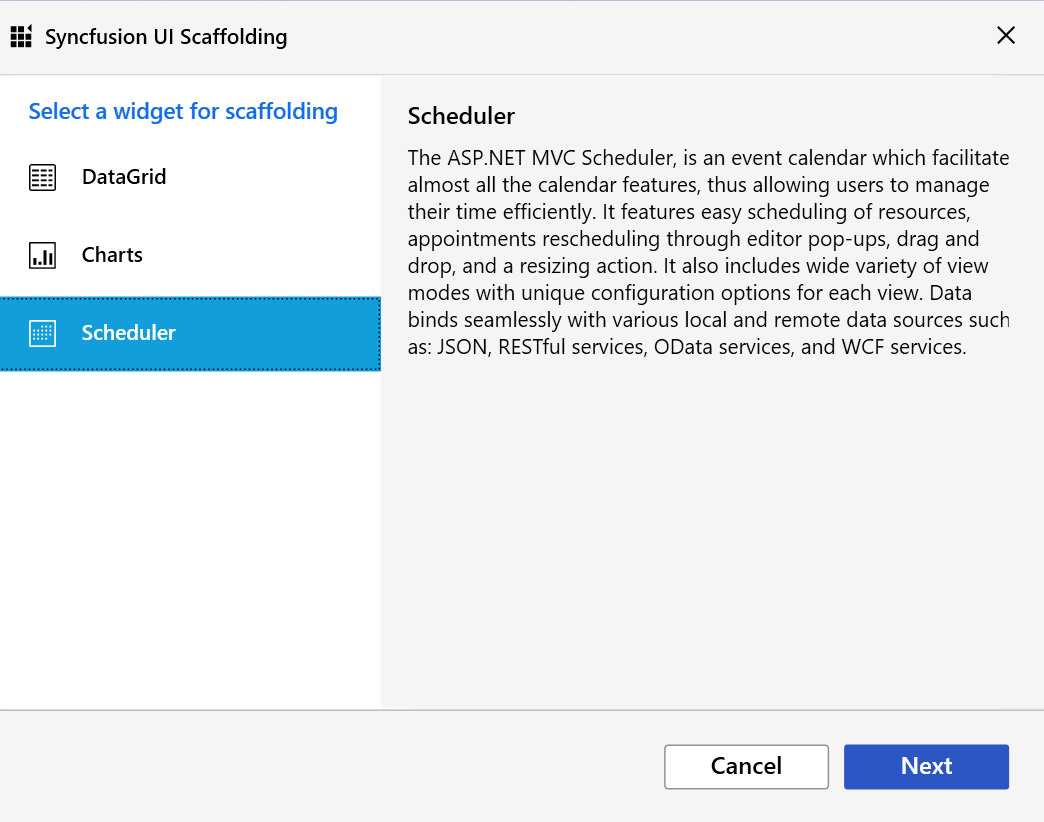 Syncfusion UI scaffolding dialog showing control selection