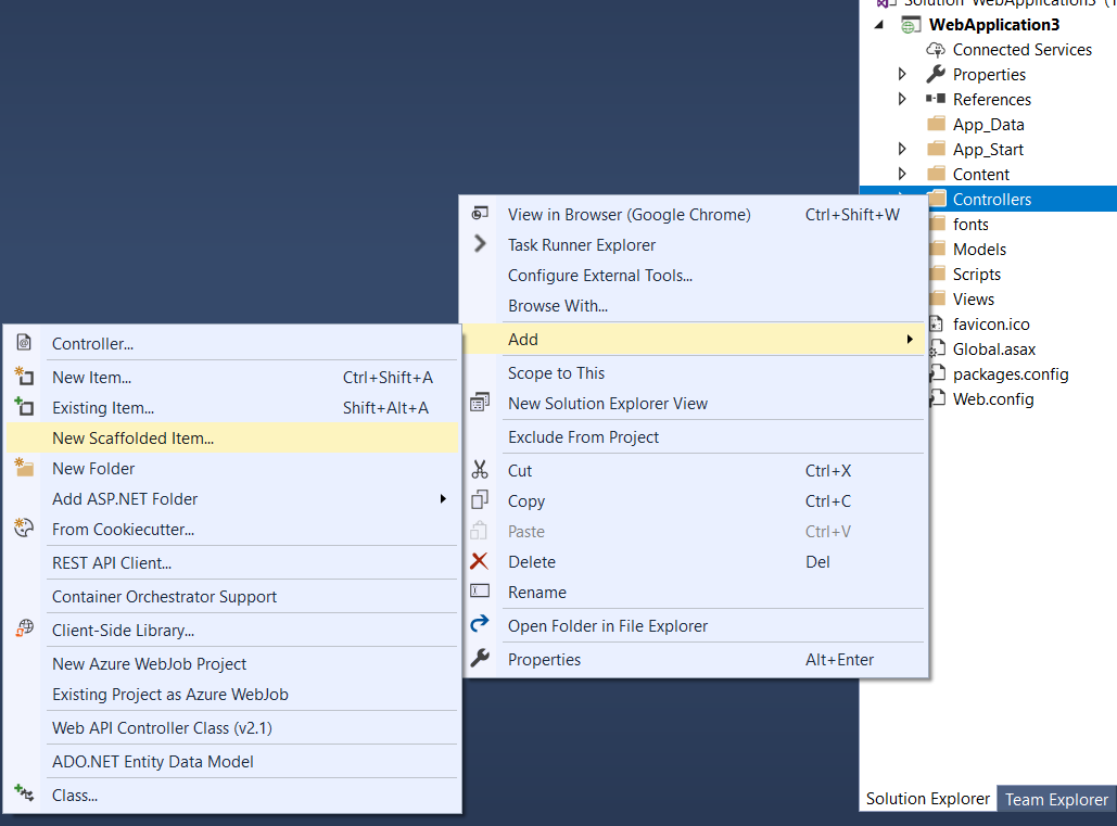 Solution explorer showing New Scaffold option