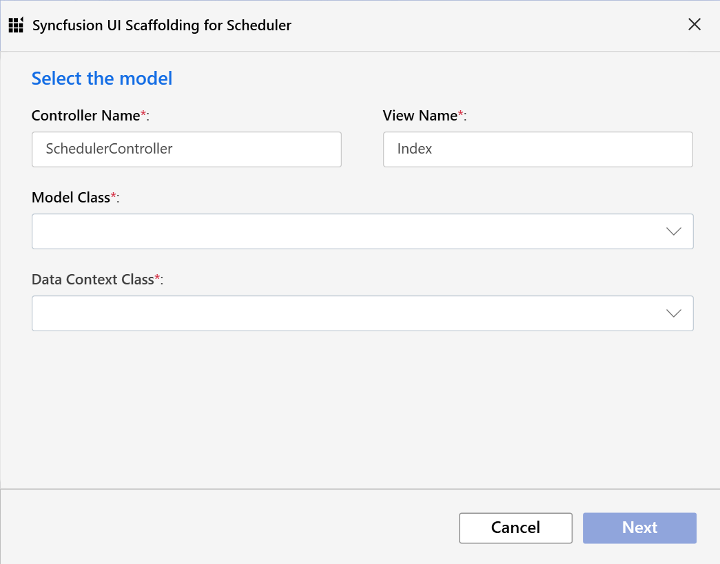 Syncfusion UI scaffolding dialog showing model and data context options