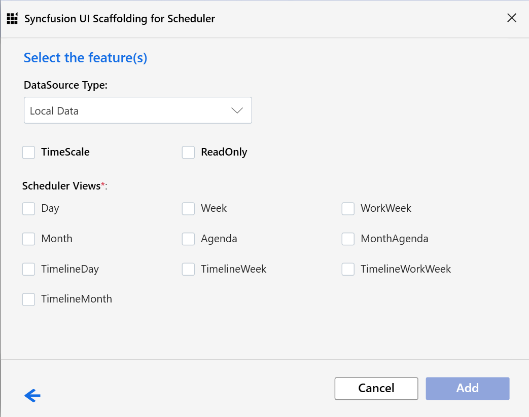 Syncfusion UI scaffolding dialog showing scheduler features