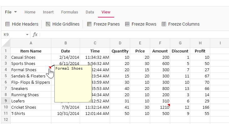 Spreadsheet showing a note