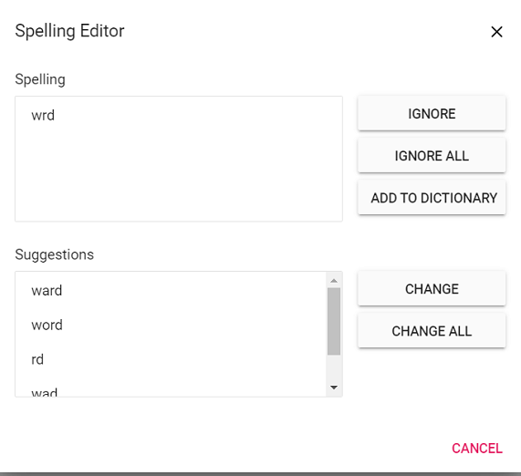 Spell check dialog in JavaScript document editor