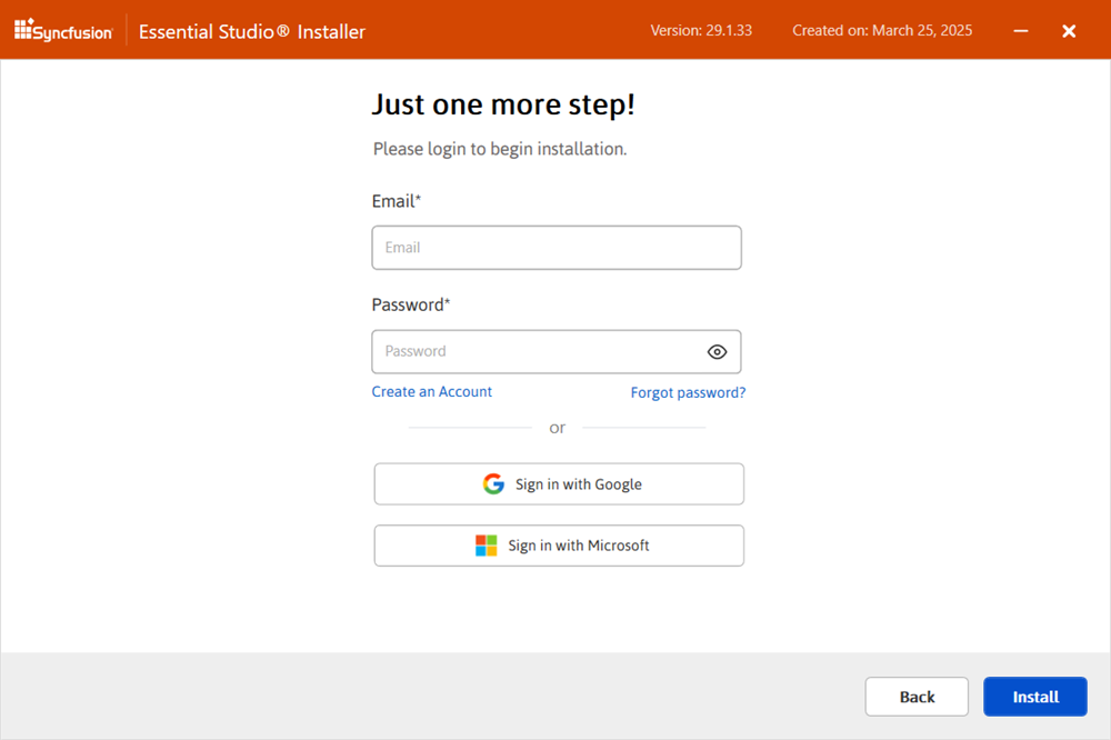 Login wizard with email and password fields