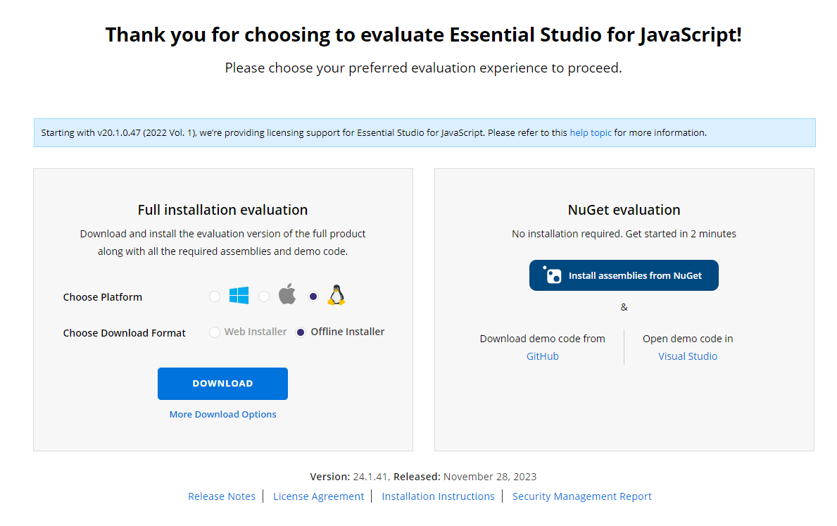 Trial and downloads of Syncfusion JavaScript