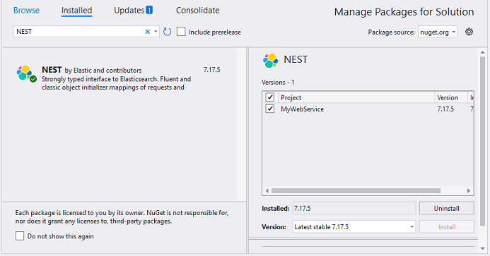 Add the NuGet package "NEST" to the project