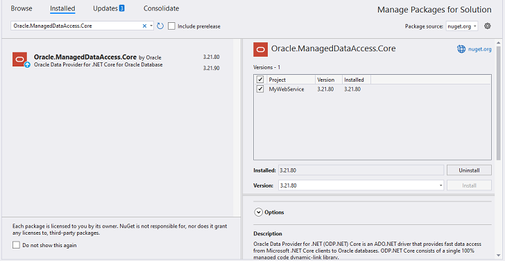 Add the NuGet package "Oracle.ManagedDataAccess.Core" to the project